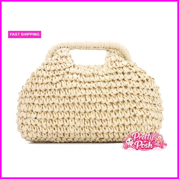 Handbags - Paper Rope Straw Dumpling Clutch Purse with Detachable Crossbody Chain Strap